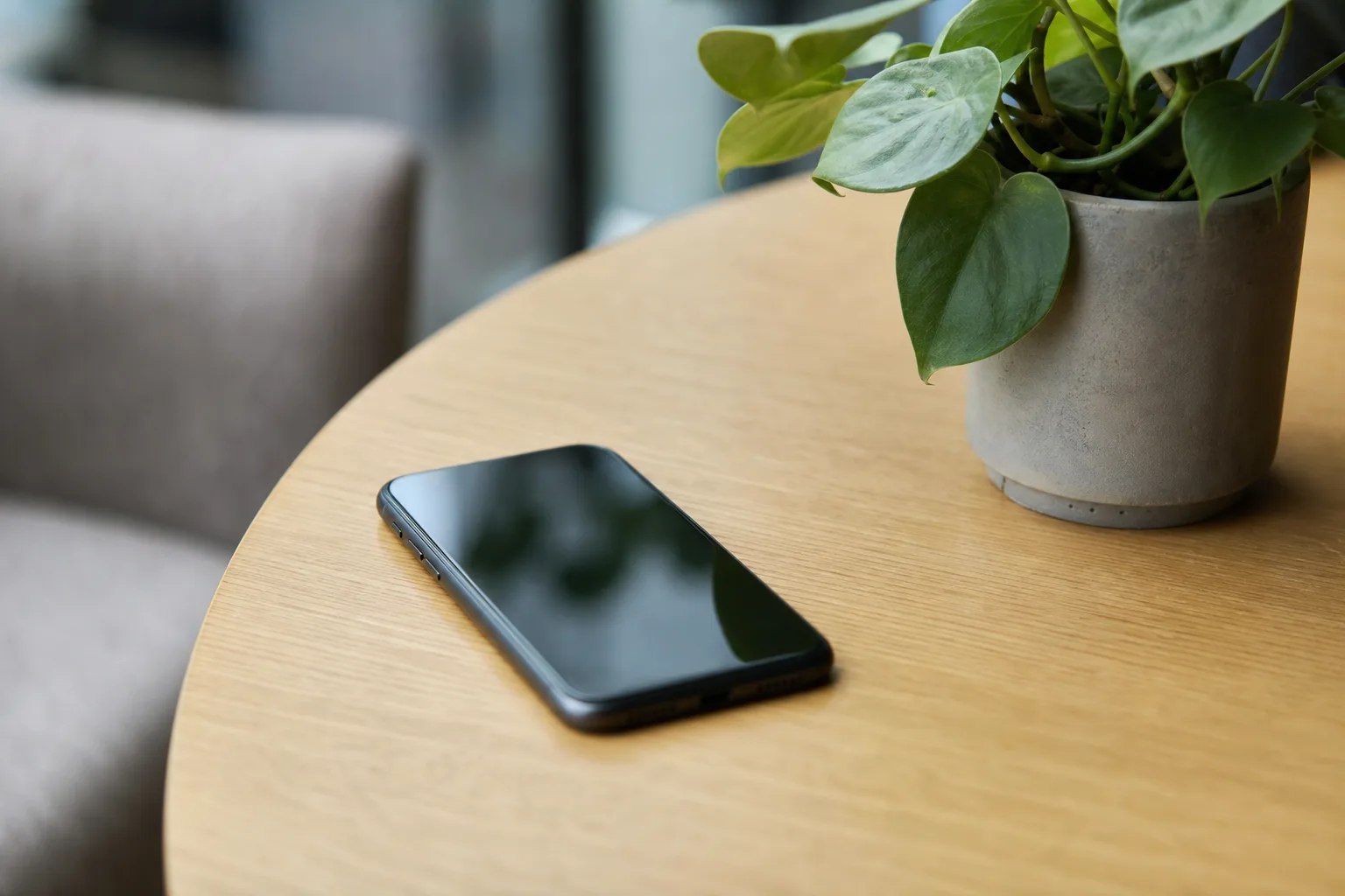 a cell phone sitting on top of a table next to a potted plant