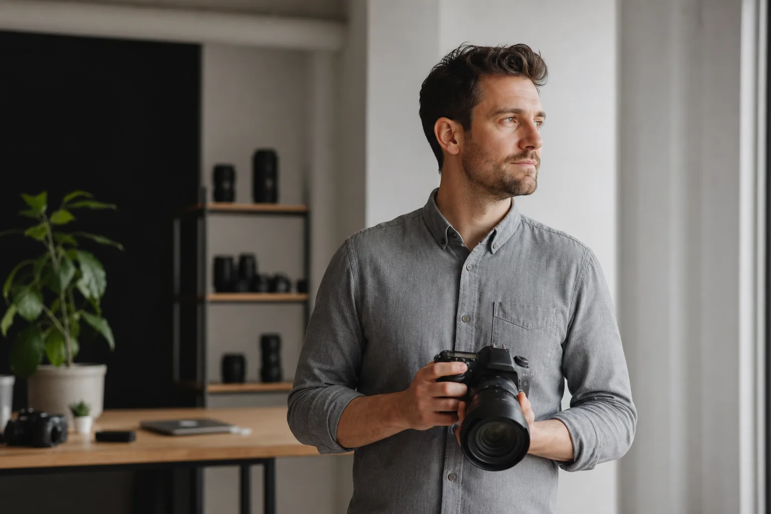 man in gray dress shirt holding black dslr camera