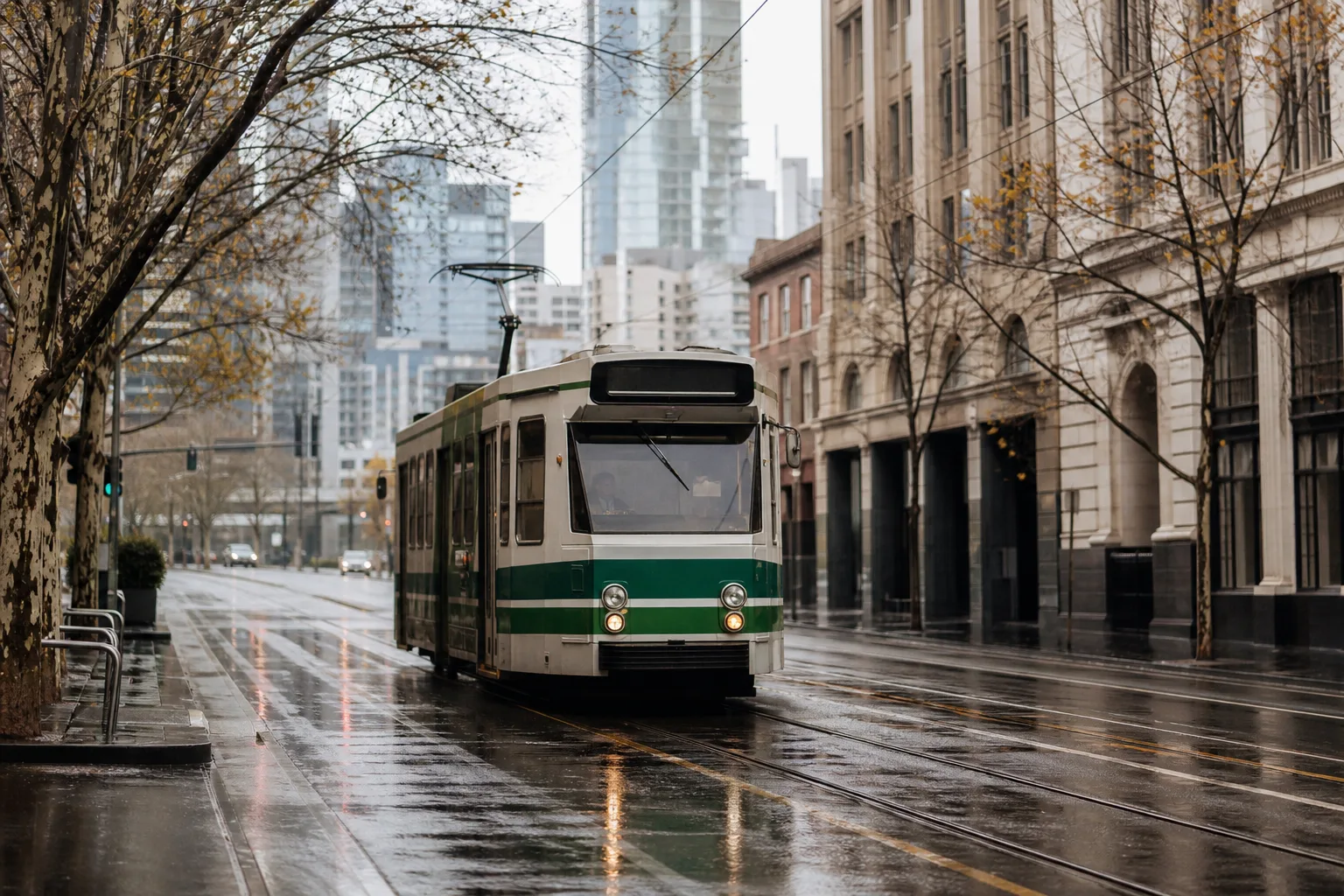 A melbourne tram travels on a wet road.