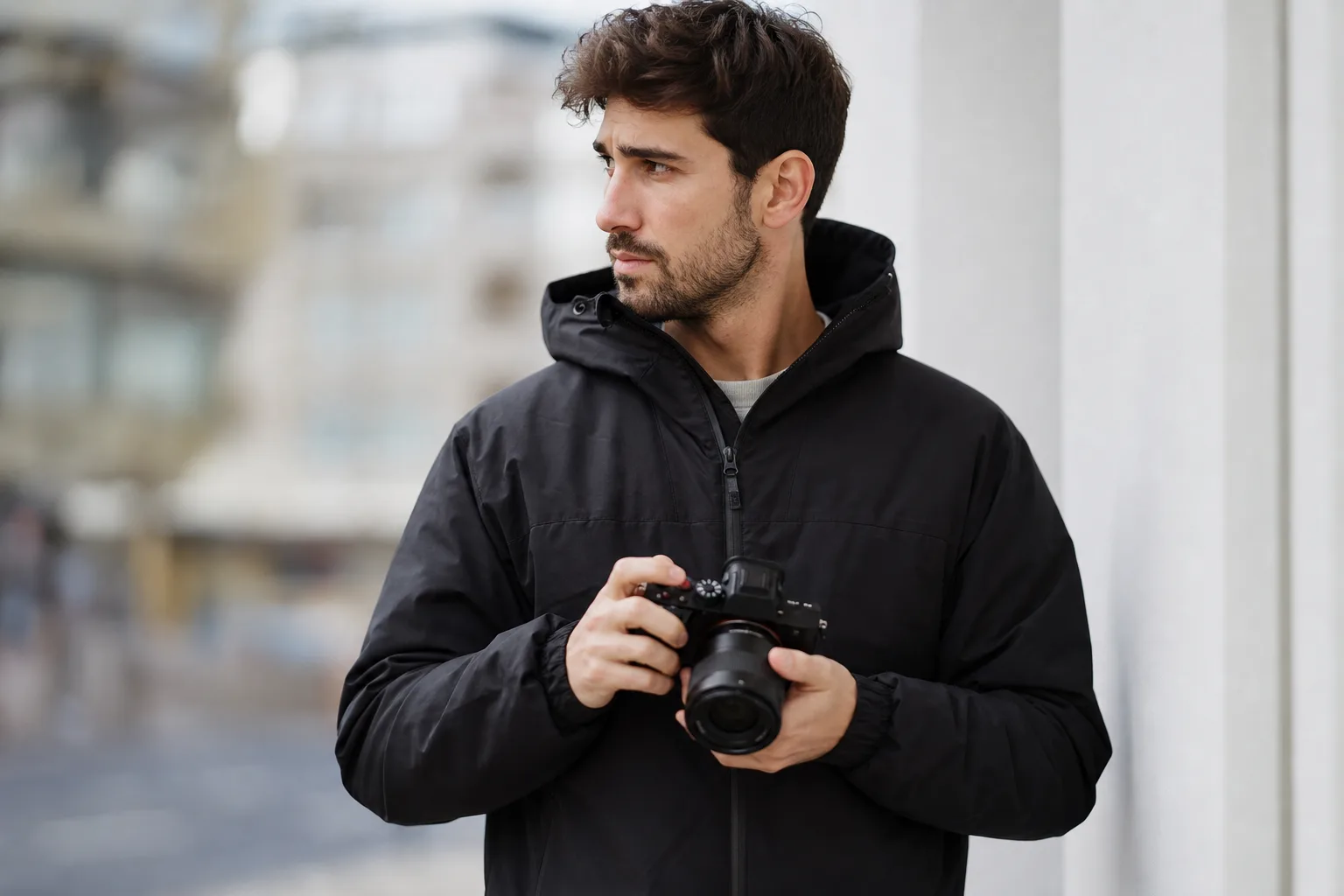 man in black jacket holding camera during daytime