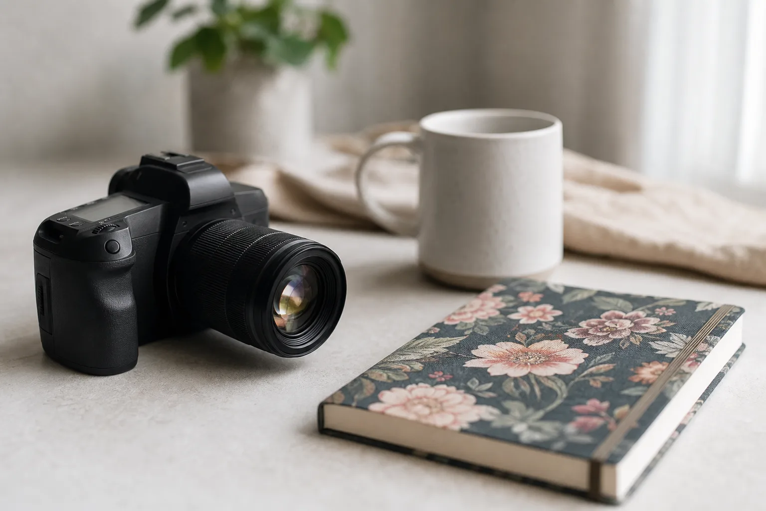 black and grey SLR camera, floral notebook, and white ceramic mug