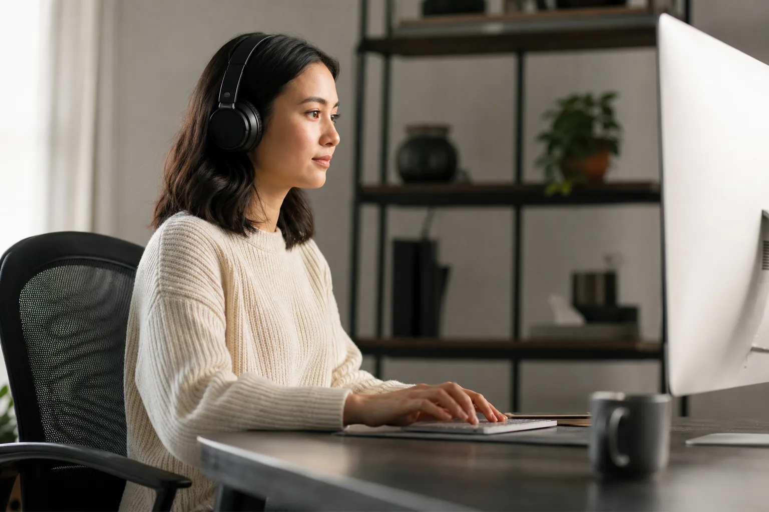 a person wearing headphones sitting in front of a computer