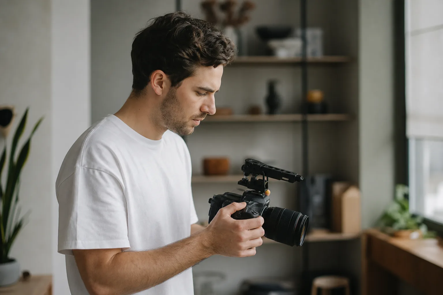 man in white t-shirt holding black video camera