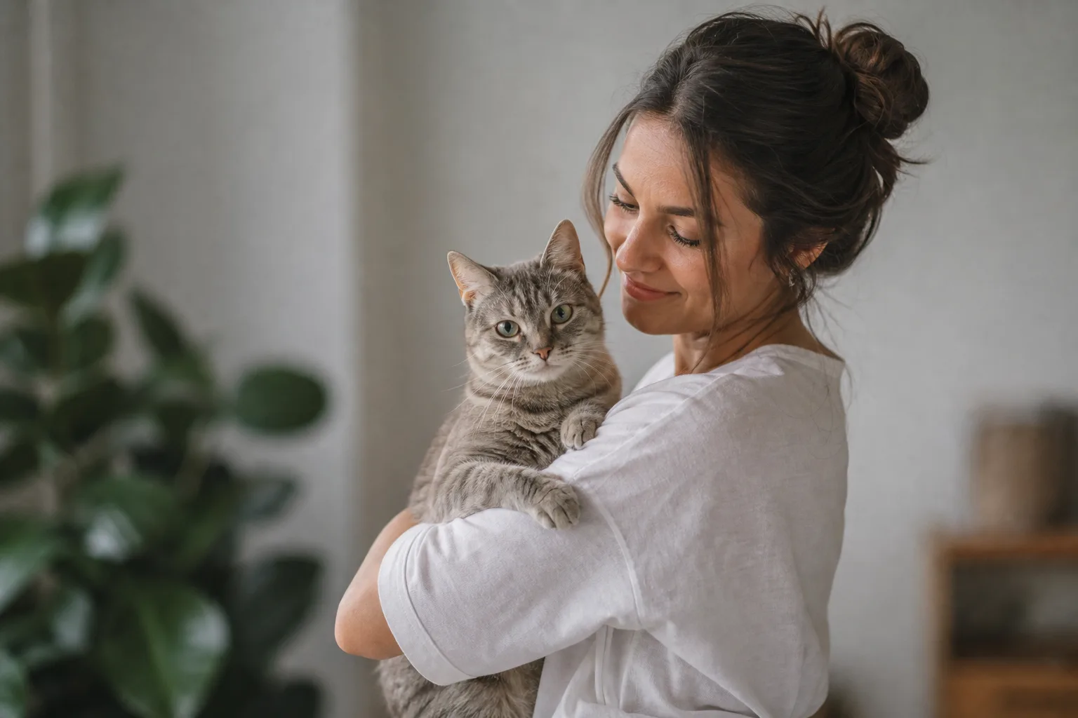 A woman is holding a cat in her arms