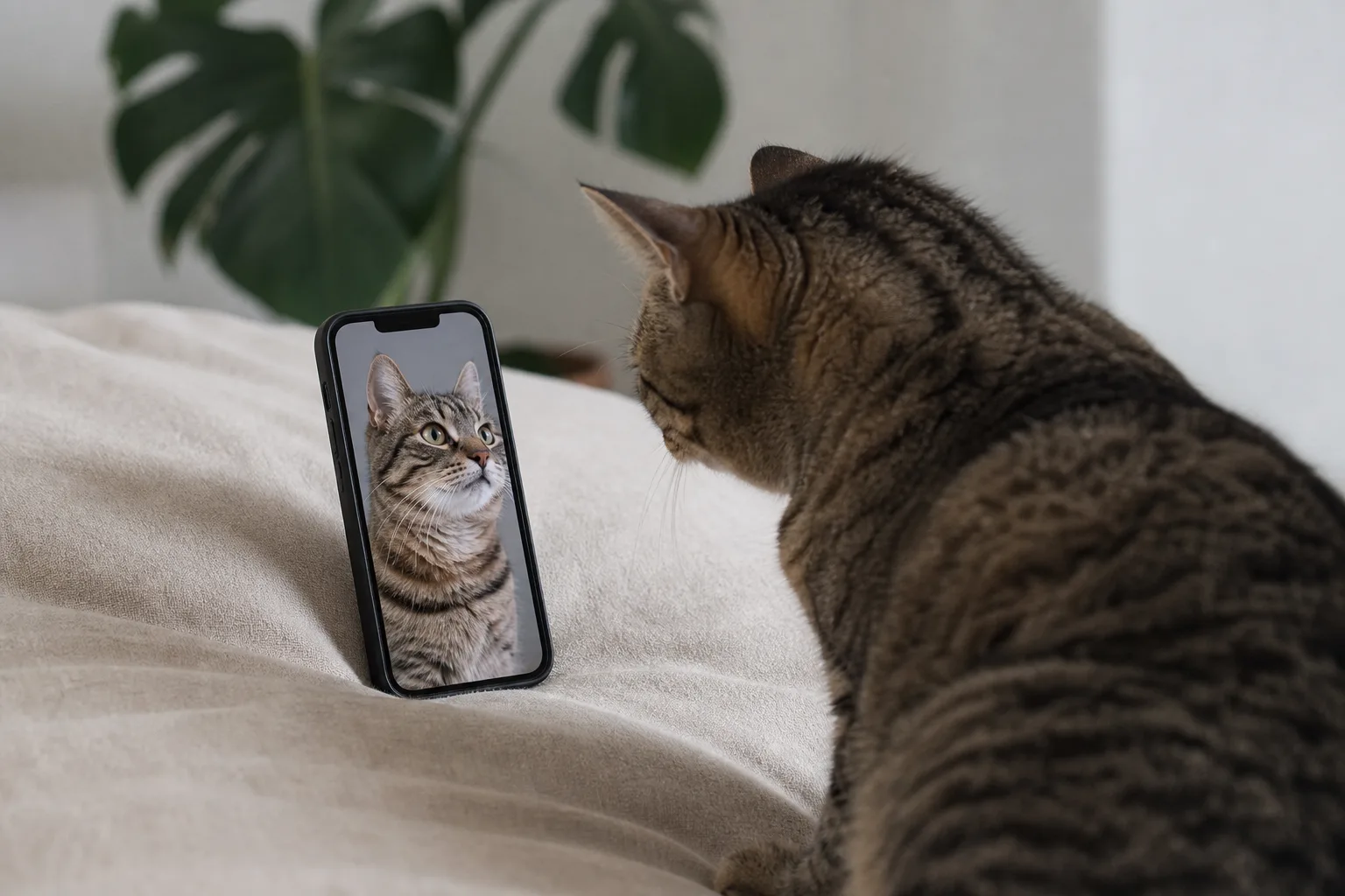 A cat stares at a phone with a cat picture.