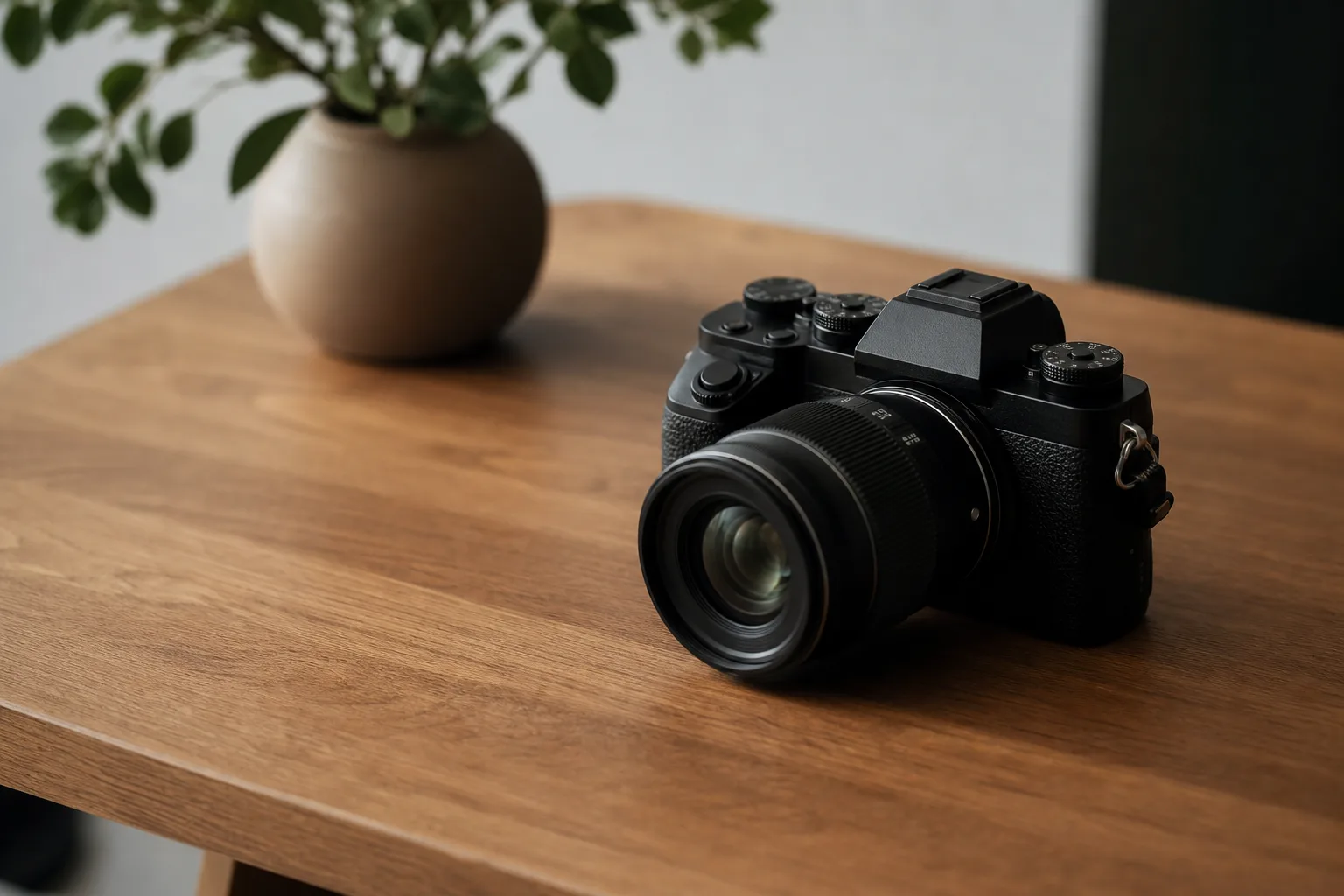 black camera on top of brown desk