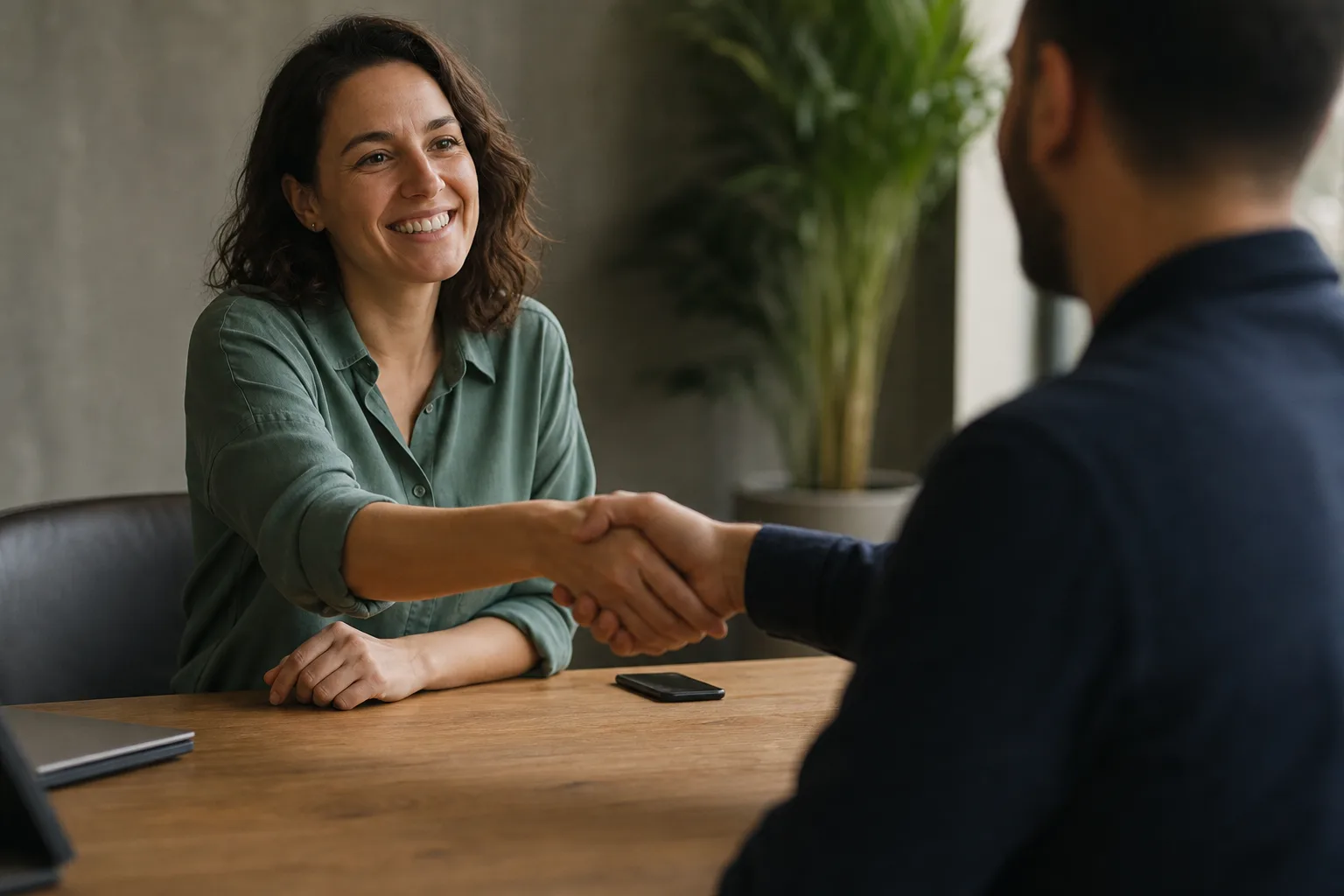two people shaking hands over a wooden table