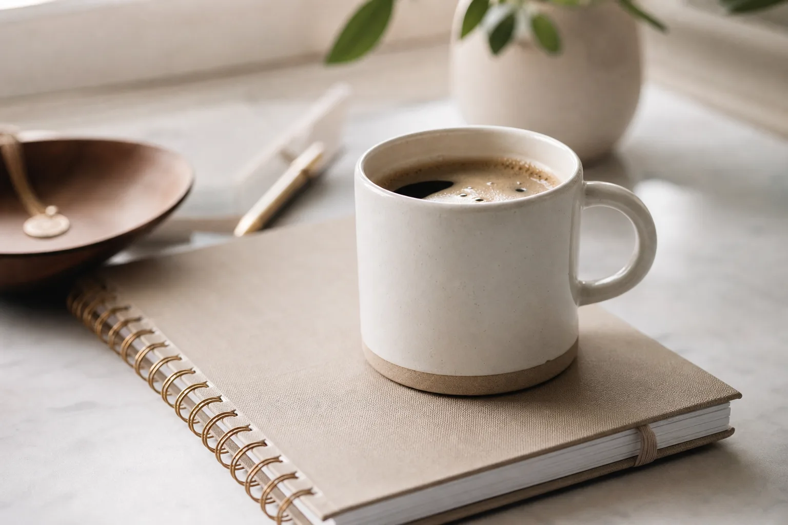 white ceramic mug with coffee on top of a planner