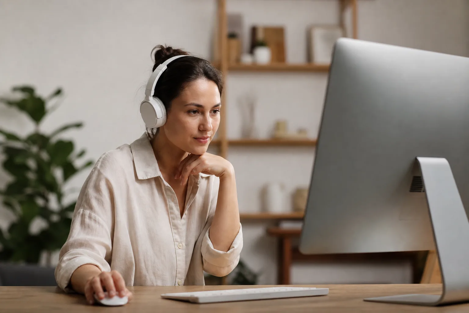 a person wearing headphones sitting in front of a computer