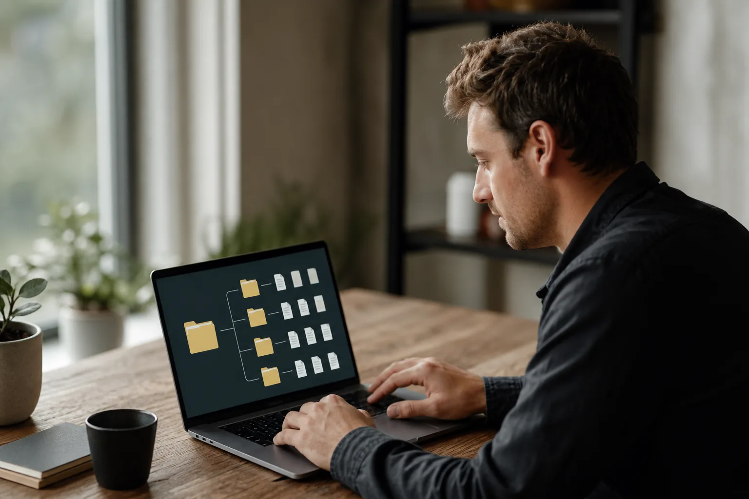 man using laptop with a digital representation of files
