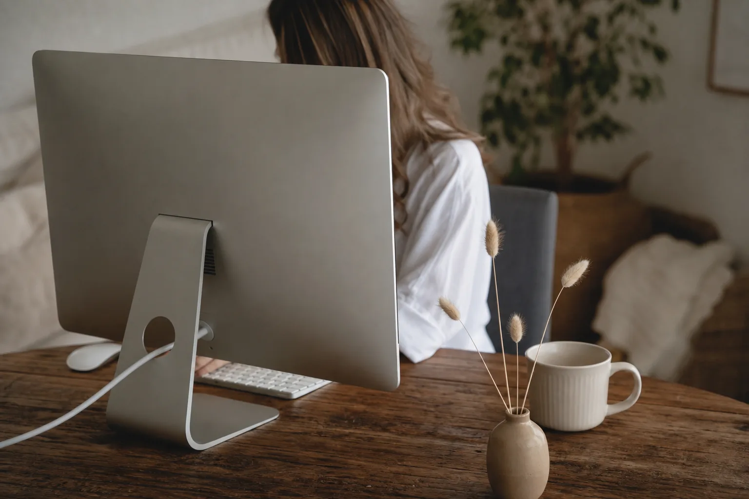 silver imac on brown wooden table