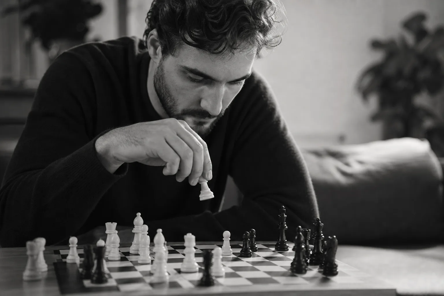 grayscale photo of person playing chess