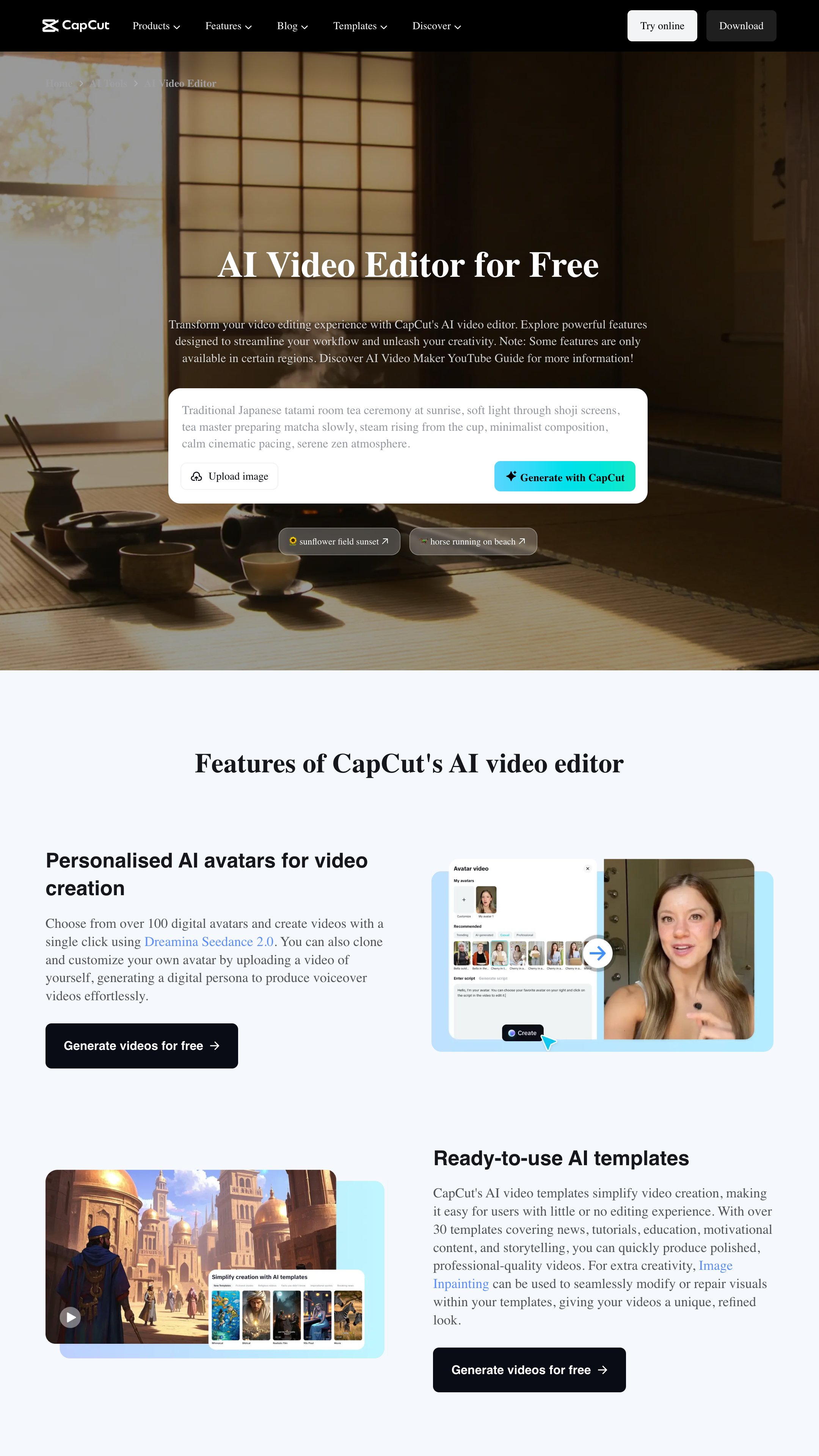 Screenshot of CapCut AI Video Editor's homepage
