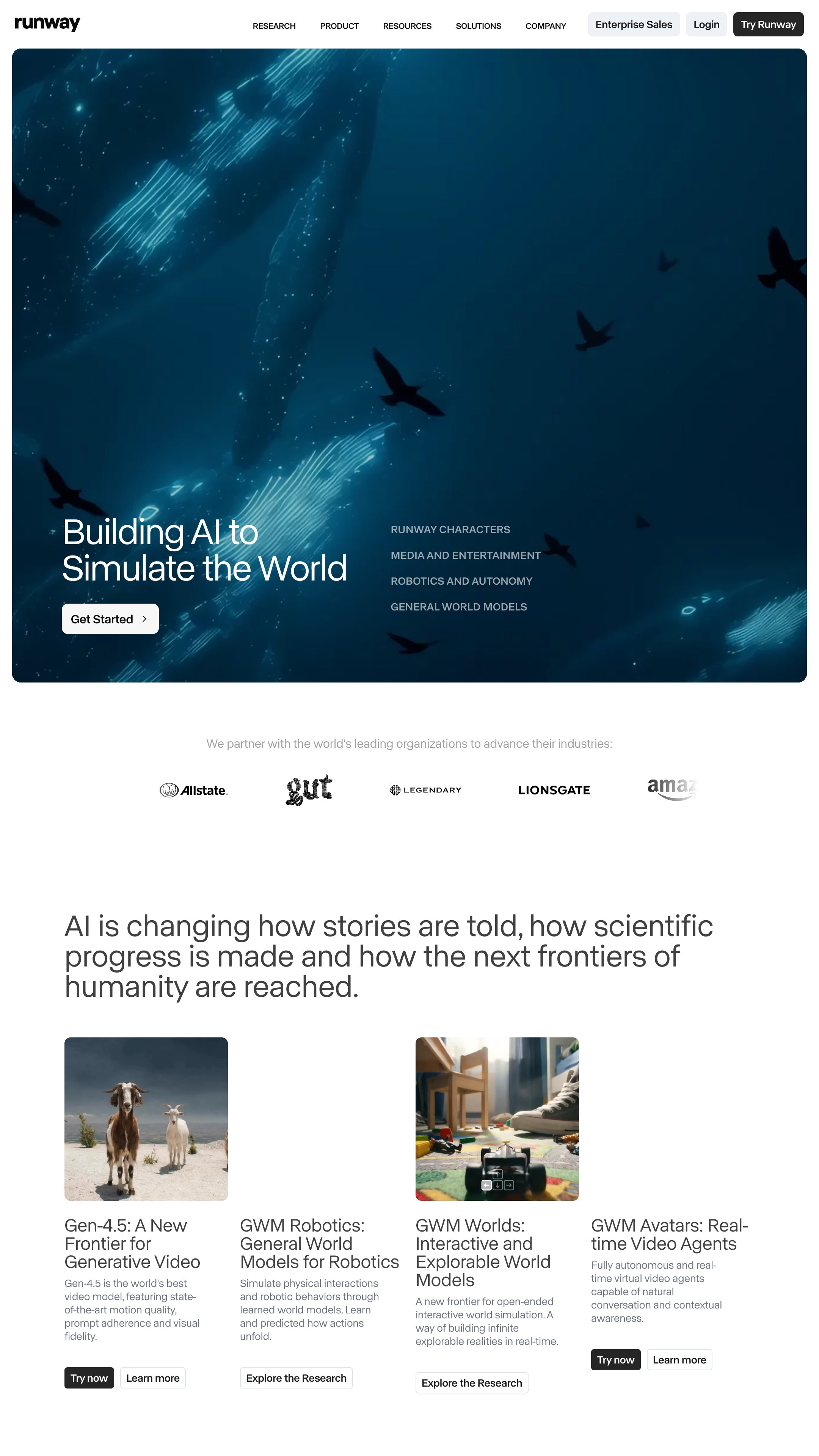 Screenshot of Runway's homepage