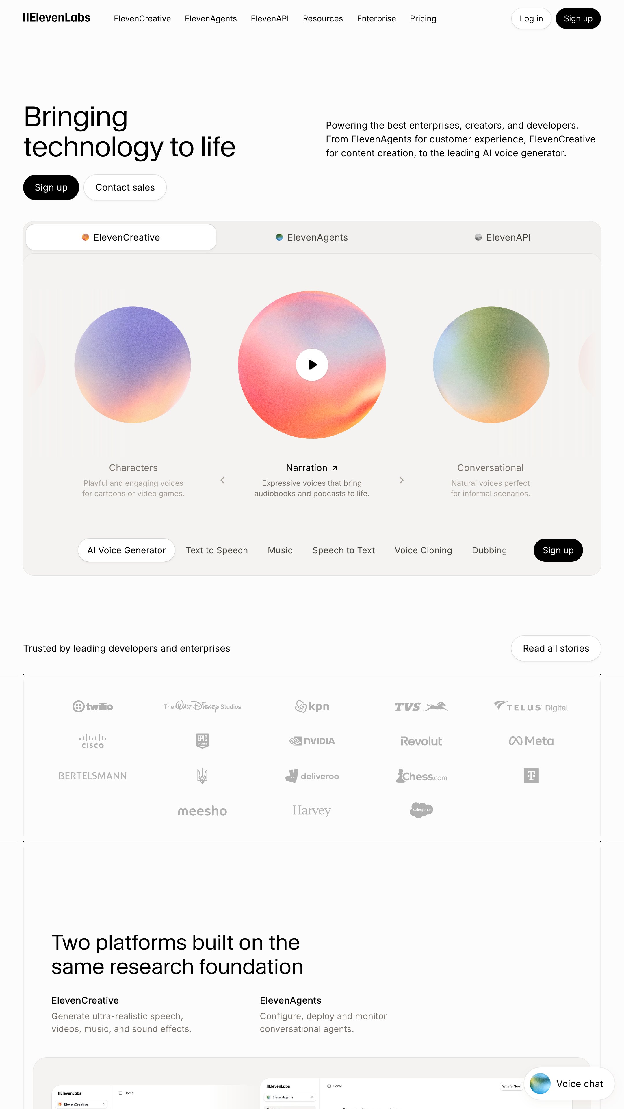 Screenshot of ElevenLabs Voice AI's homepage