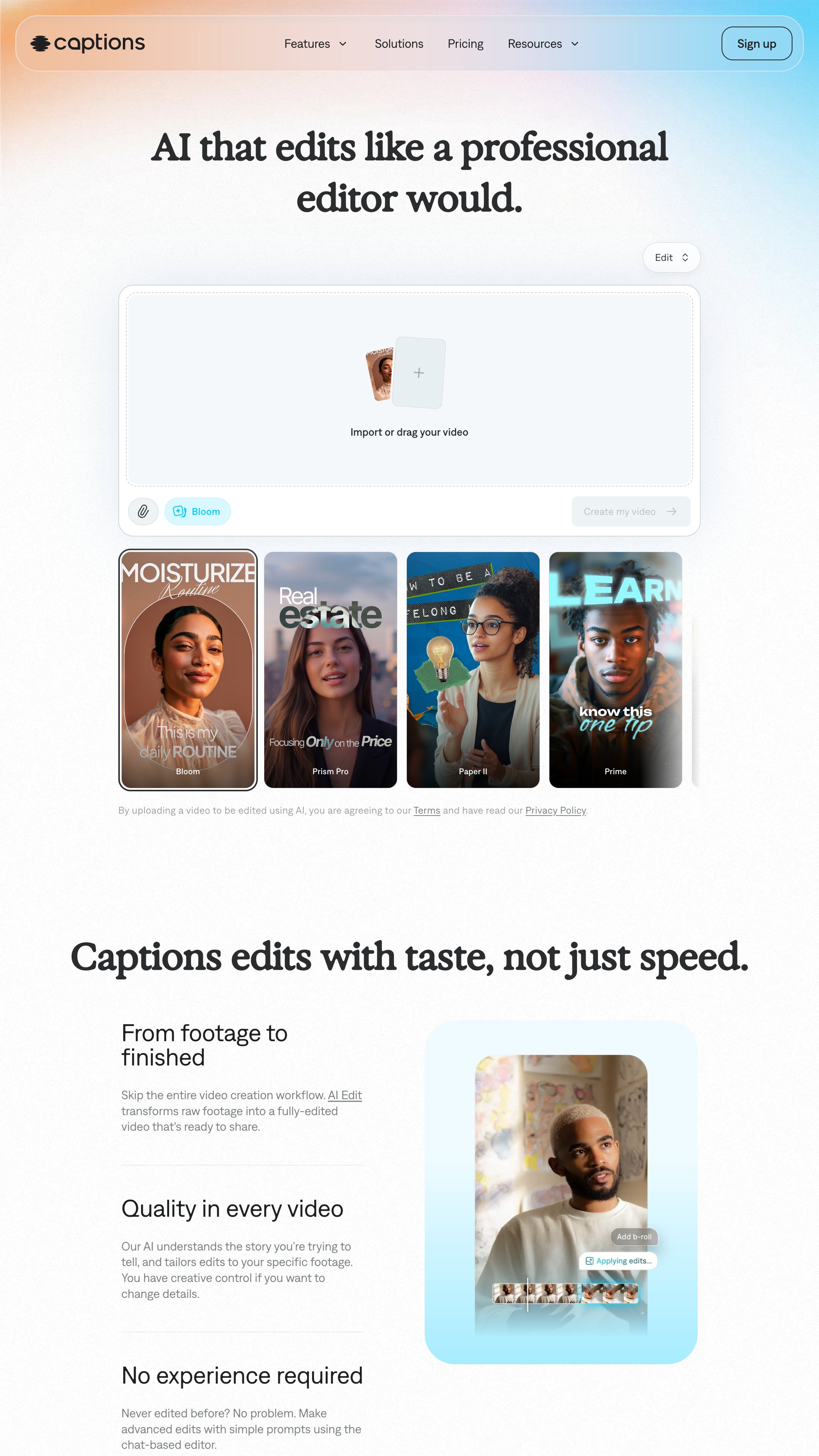 Screenshot of Captions's homepage