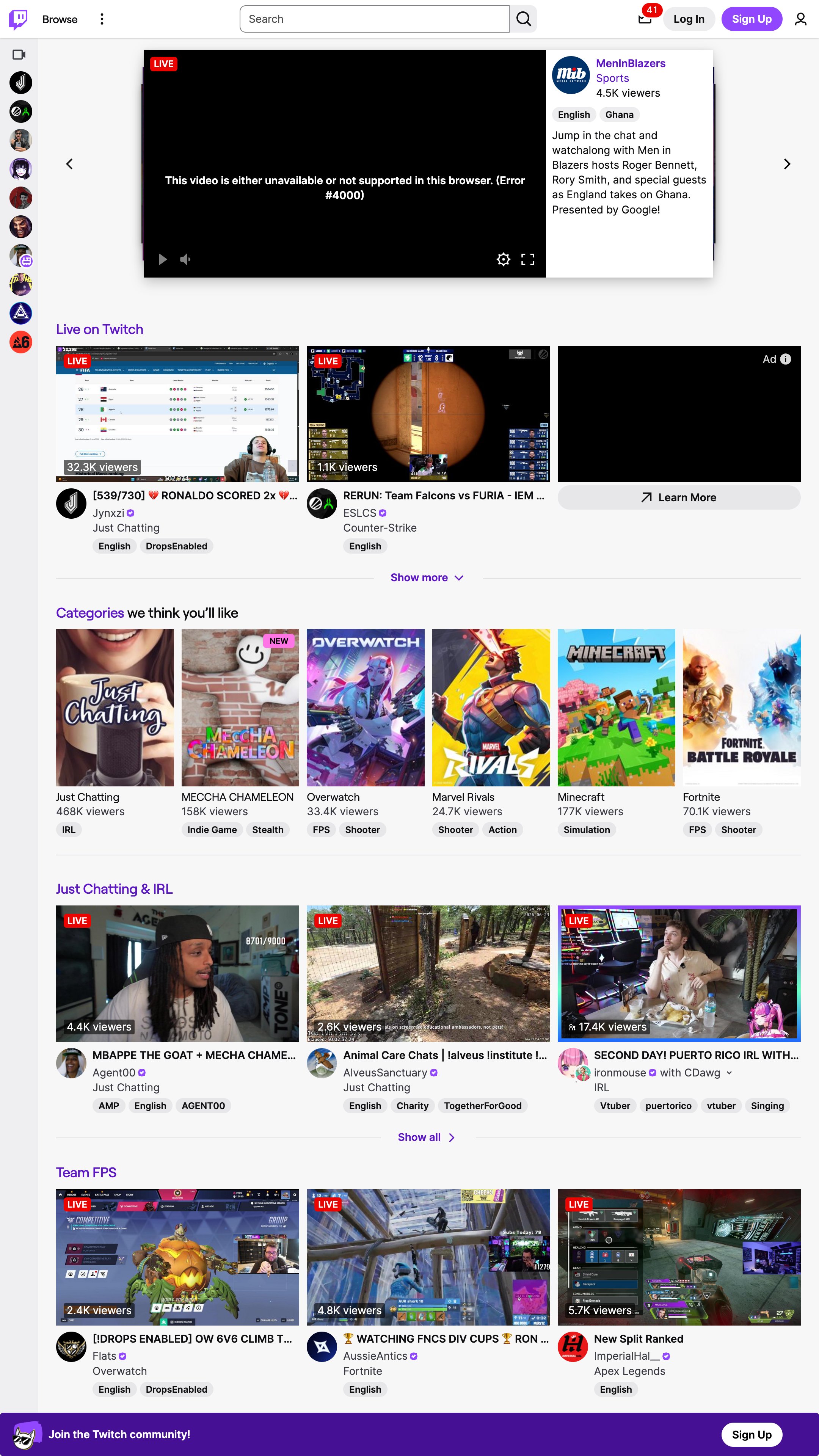 Screenshot of Twitch Creator Clubs's homepage
