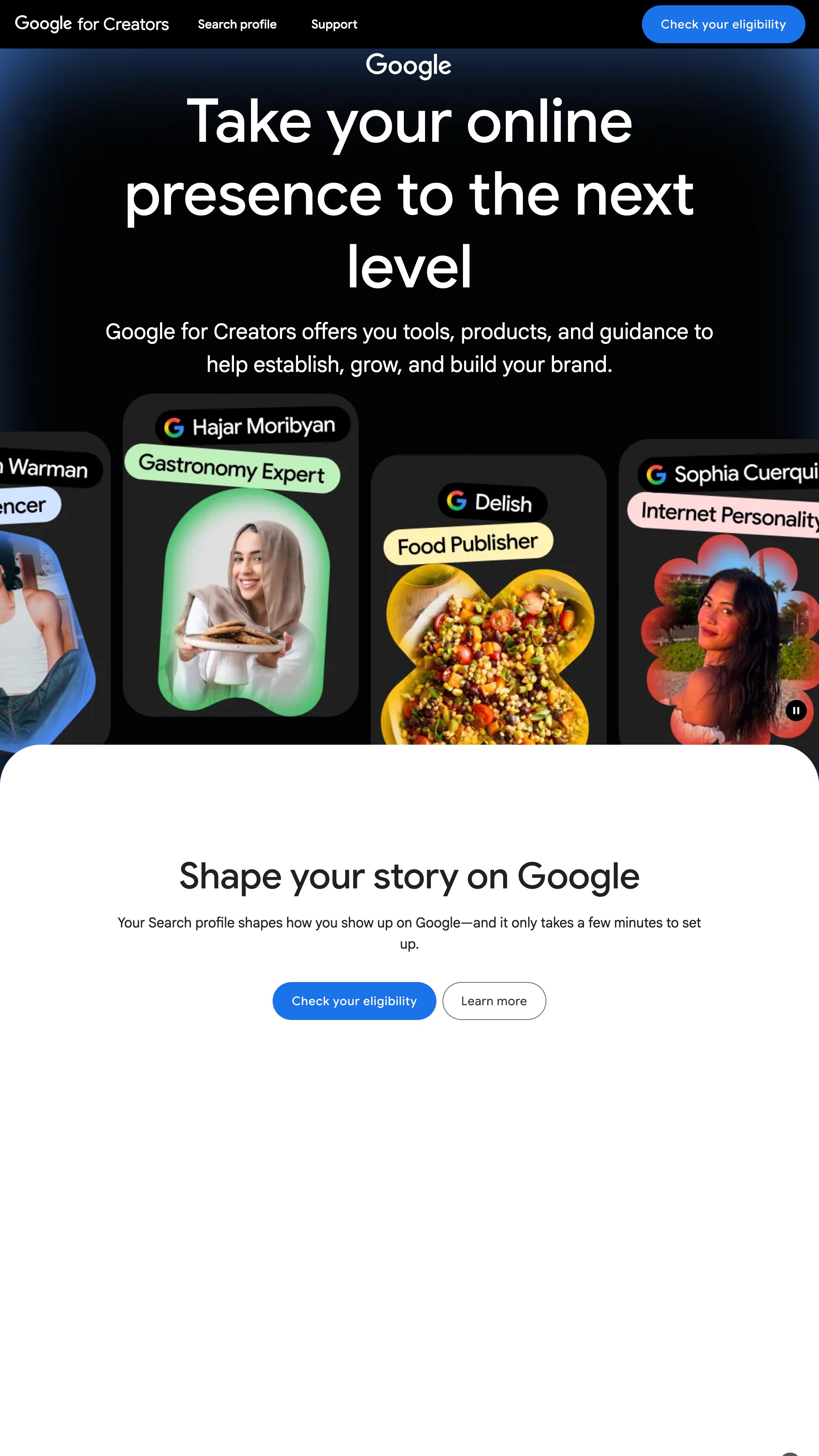 Screenshot of Google for Creators Community's homepage