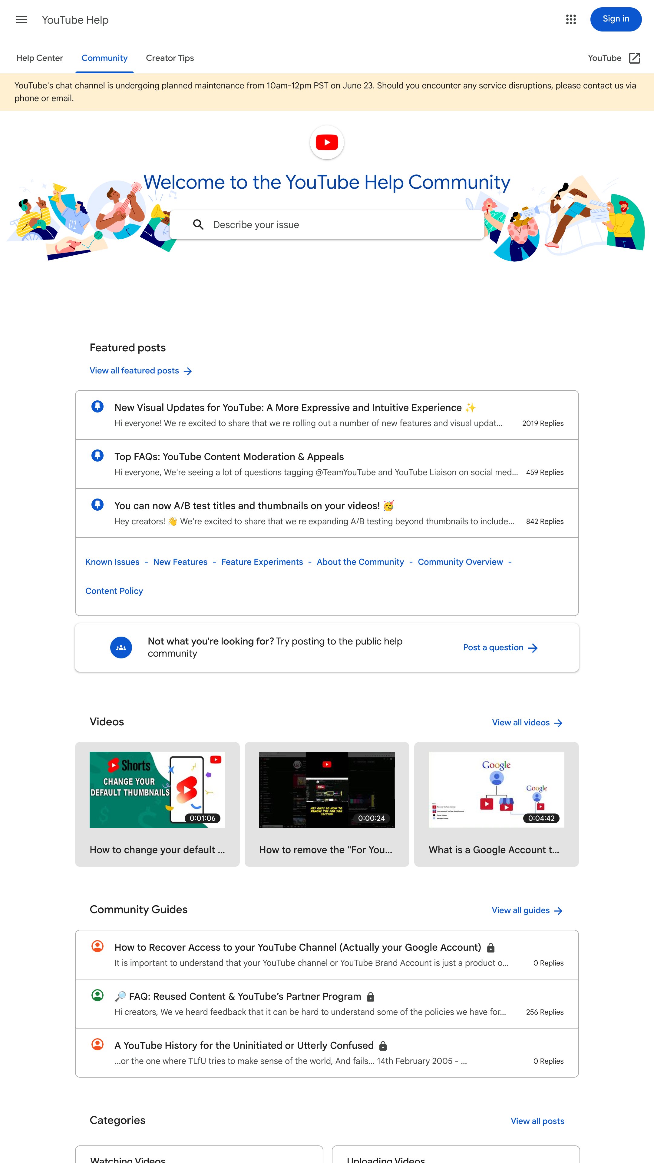 Screenshot of YouTube Help Community Forums's homepage