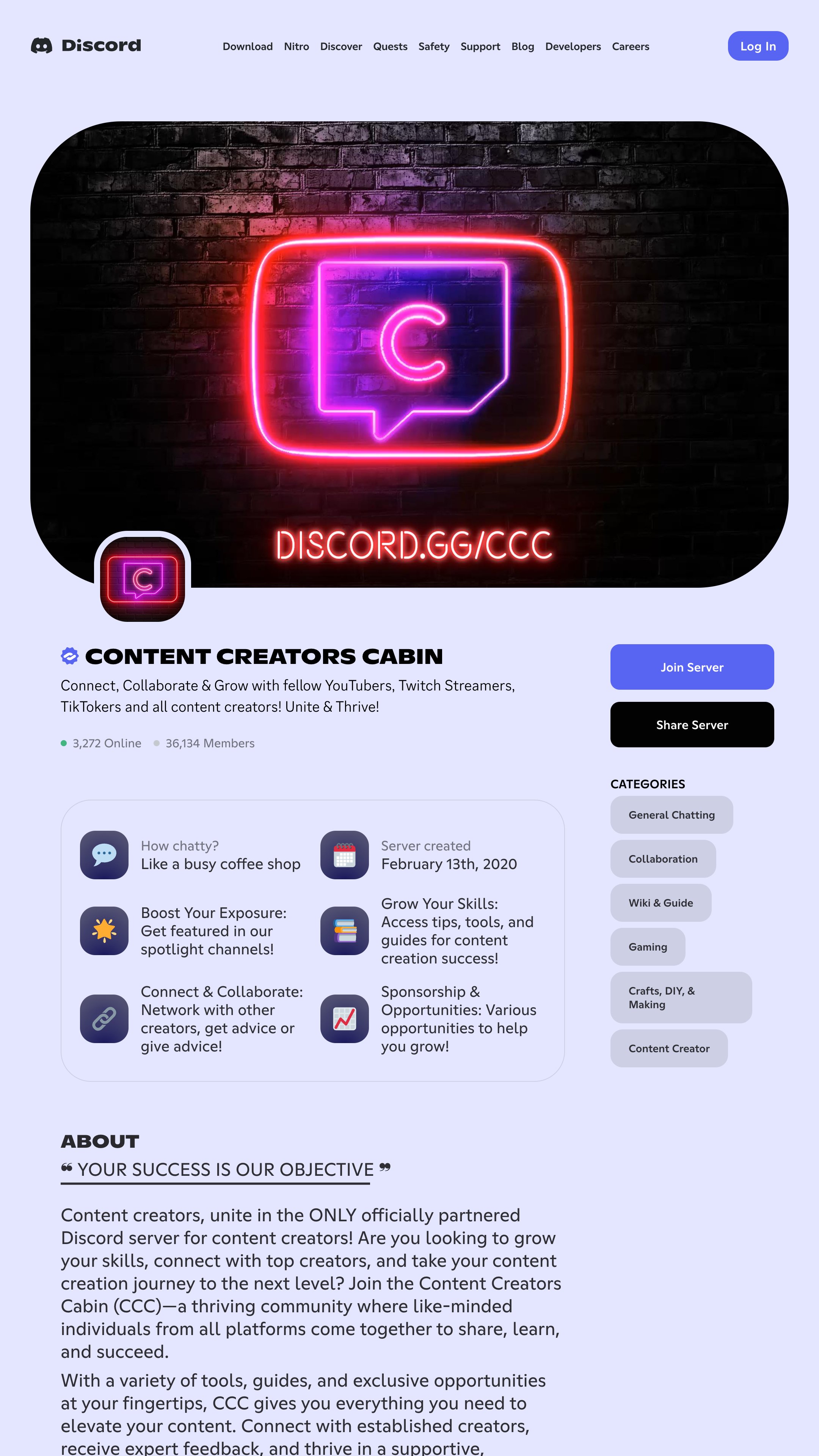 Screenshot of Discord Content Creators Cabin's homepage
