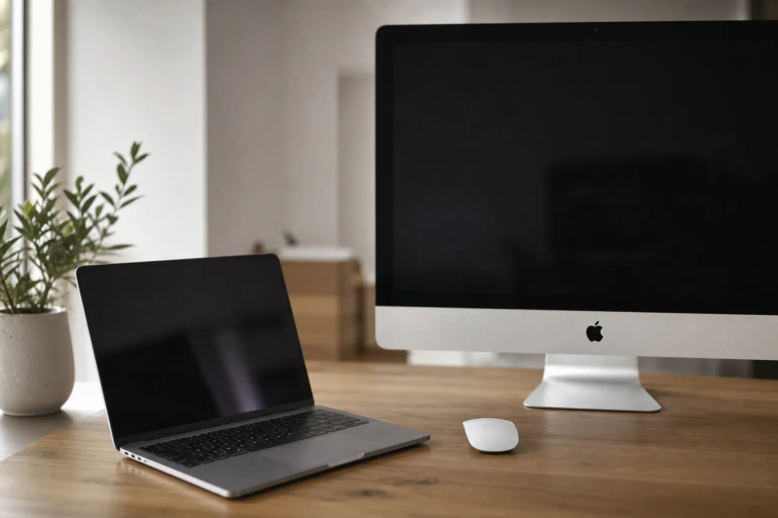 MacBook Pro on table beside white iMac and Magic Mouse
