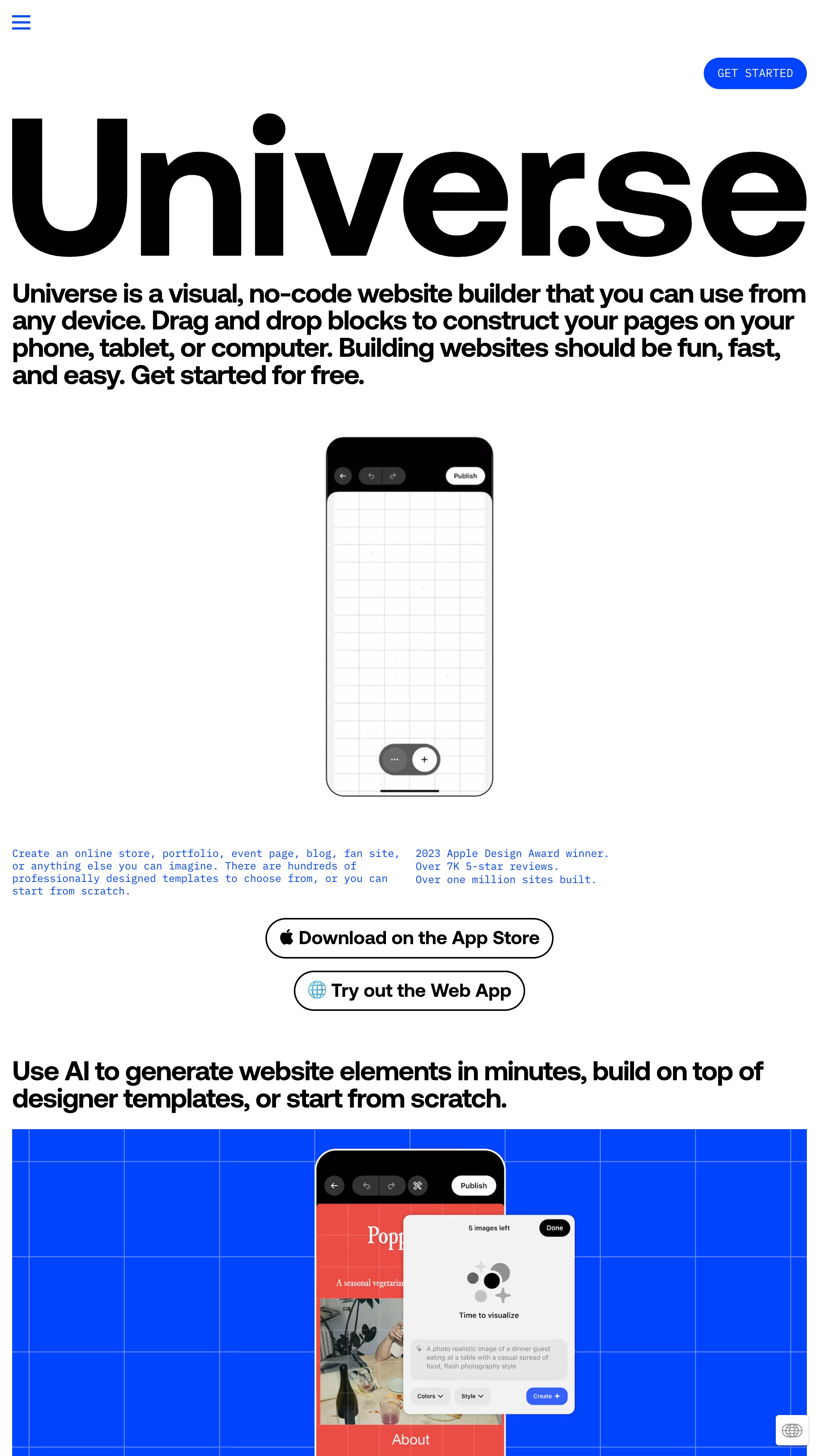 Screenshot of Universe — Website Builder's homepage