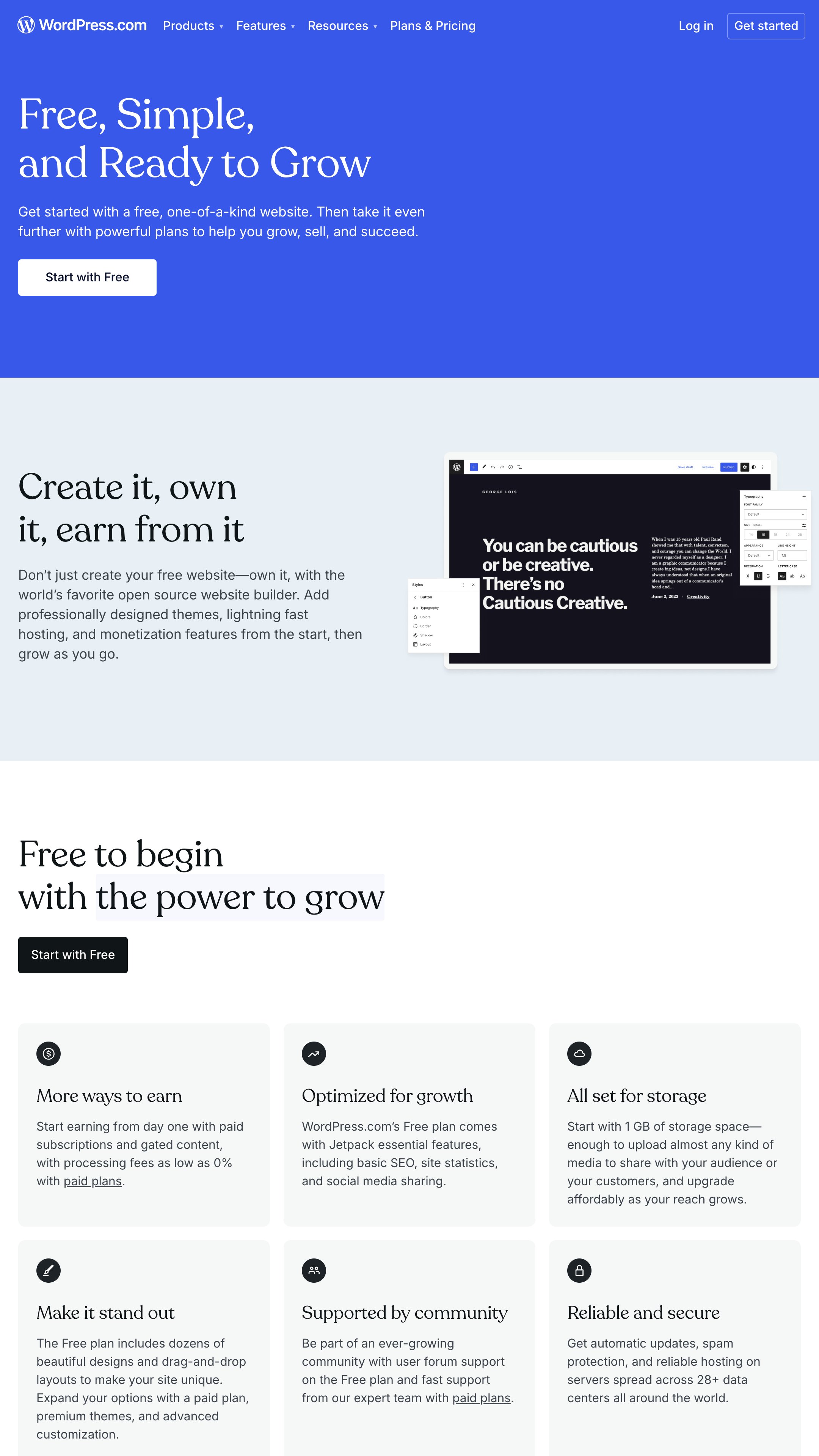 Screenshot of WordPress.com Free's homepage