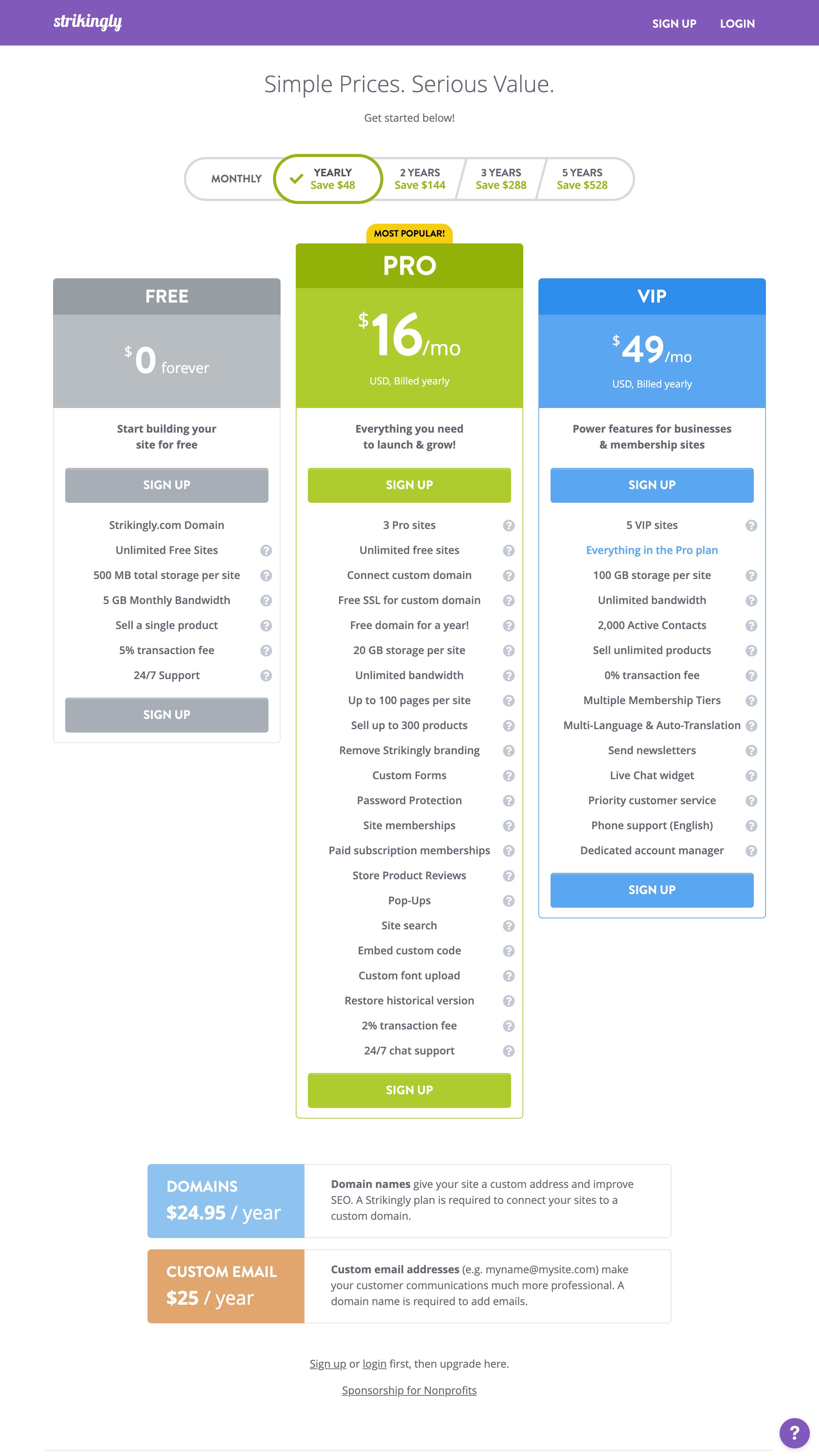 Screenshot of Strikingly Free's homepage