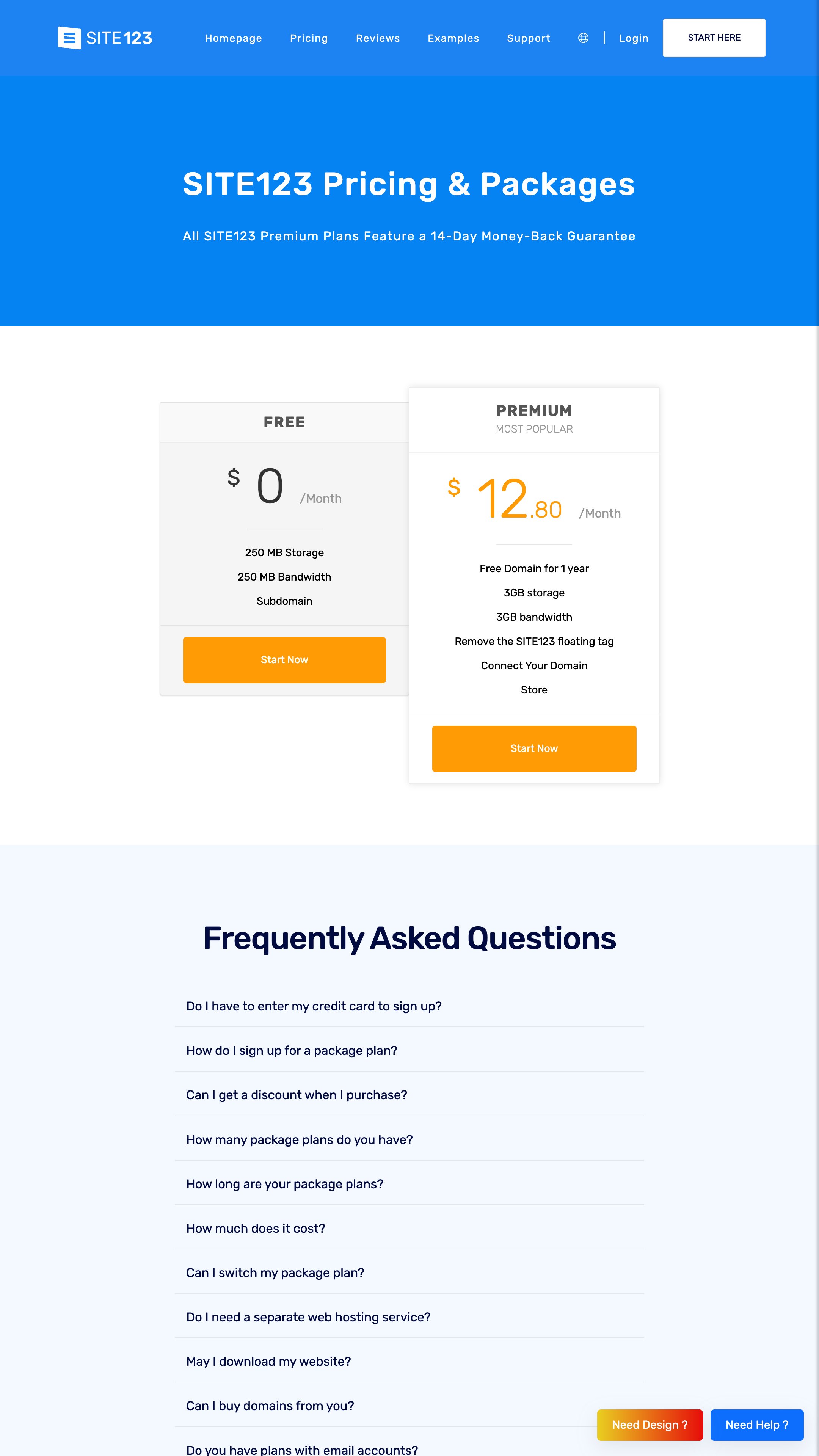 Screenshot of SITE123 Free's homepage