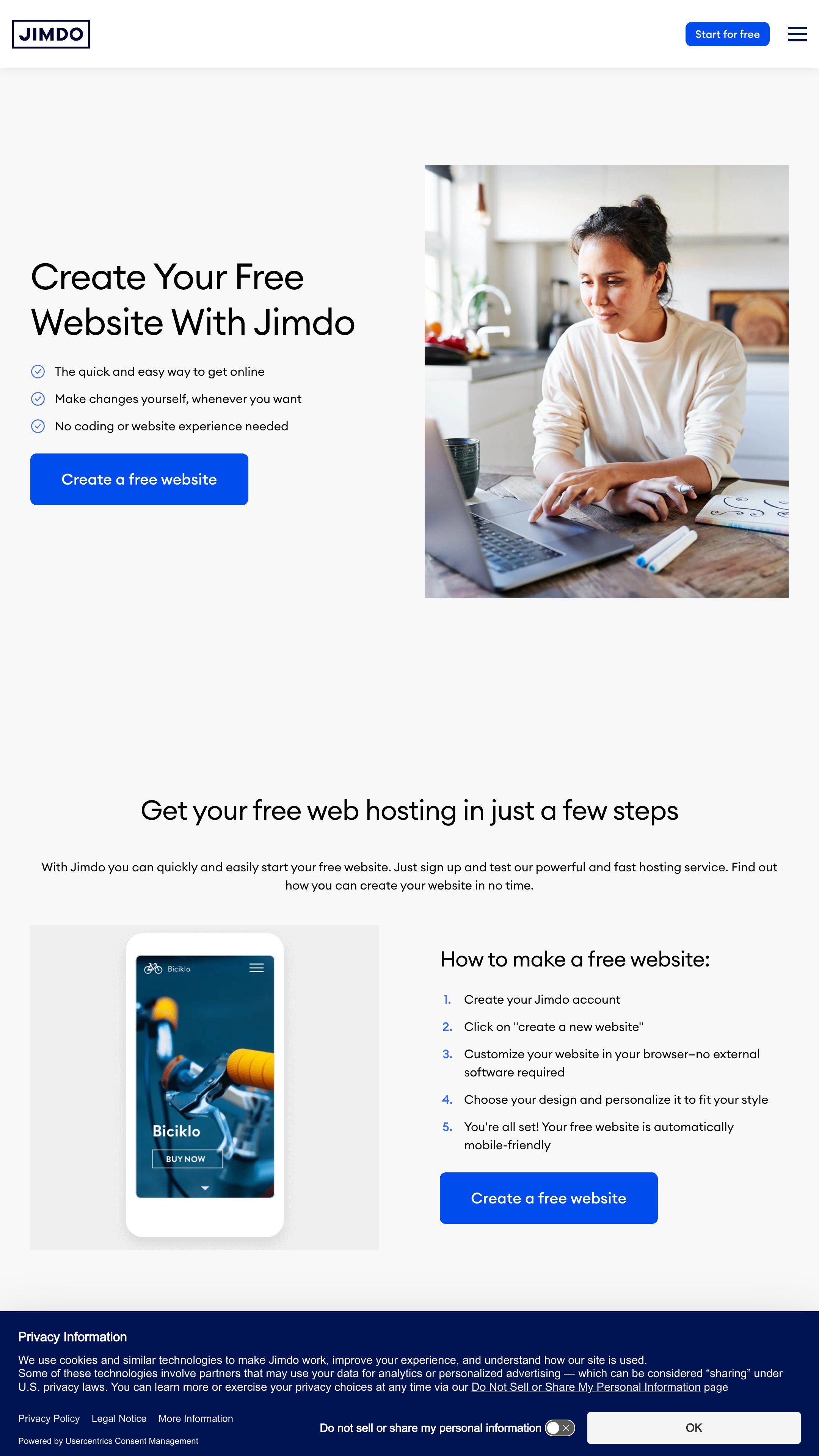 Screenshot of Jimdo Free's homepage