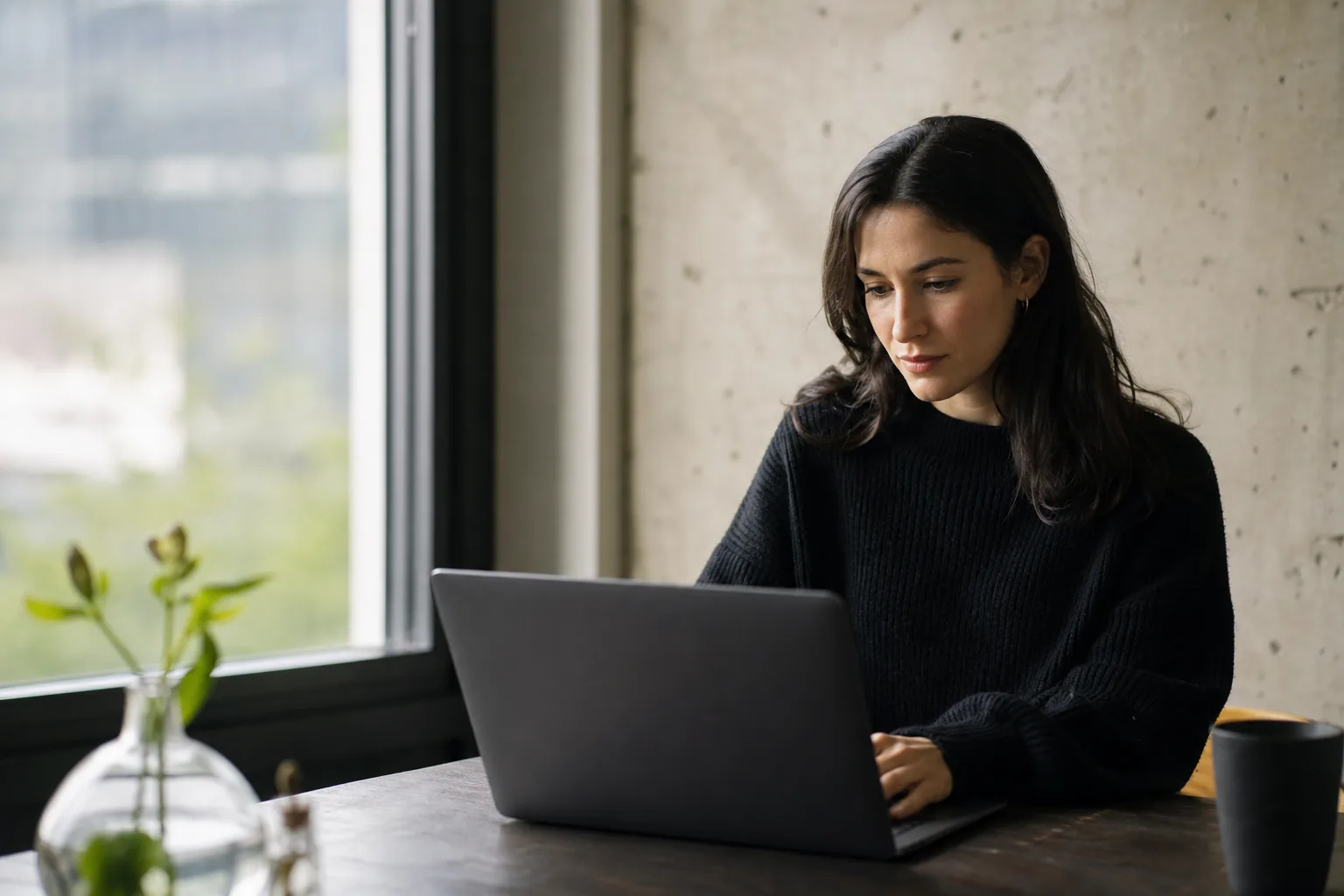 woman in black sweater using macbook pro
