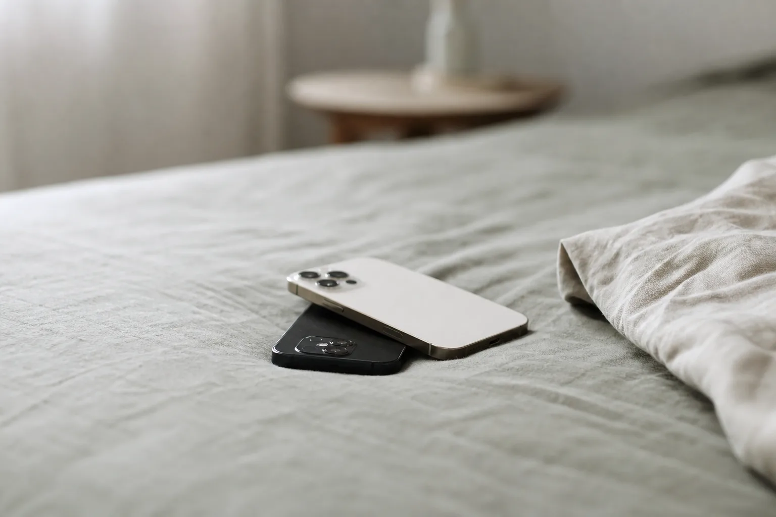 a couple of cell phones sitting on top of a bed