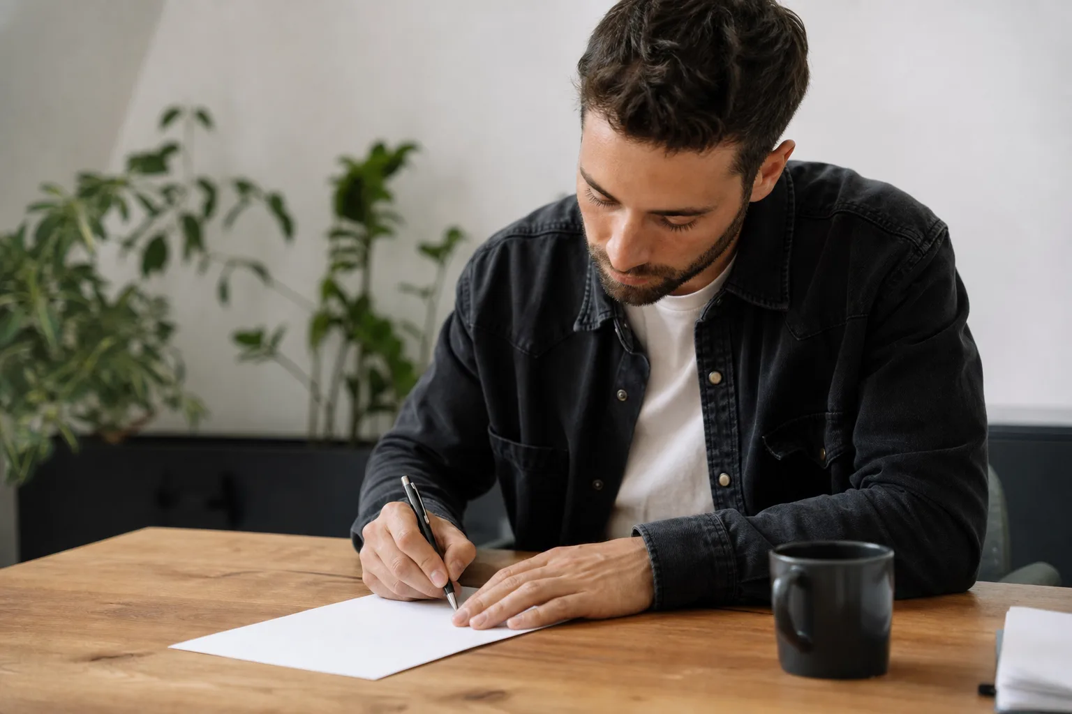 man writing on paper