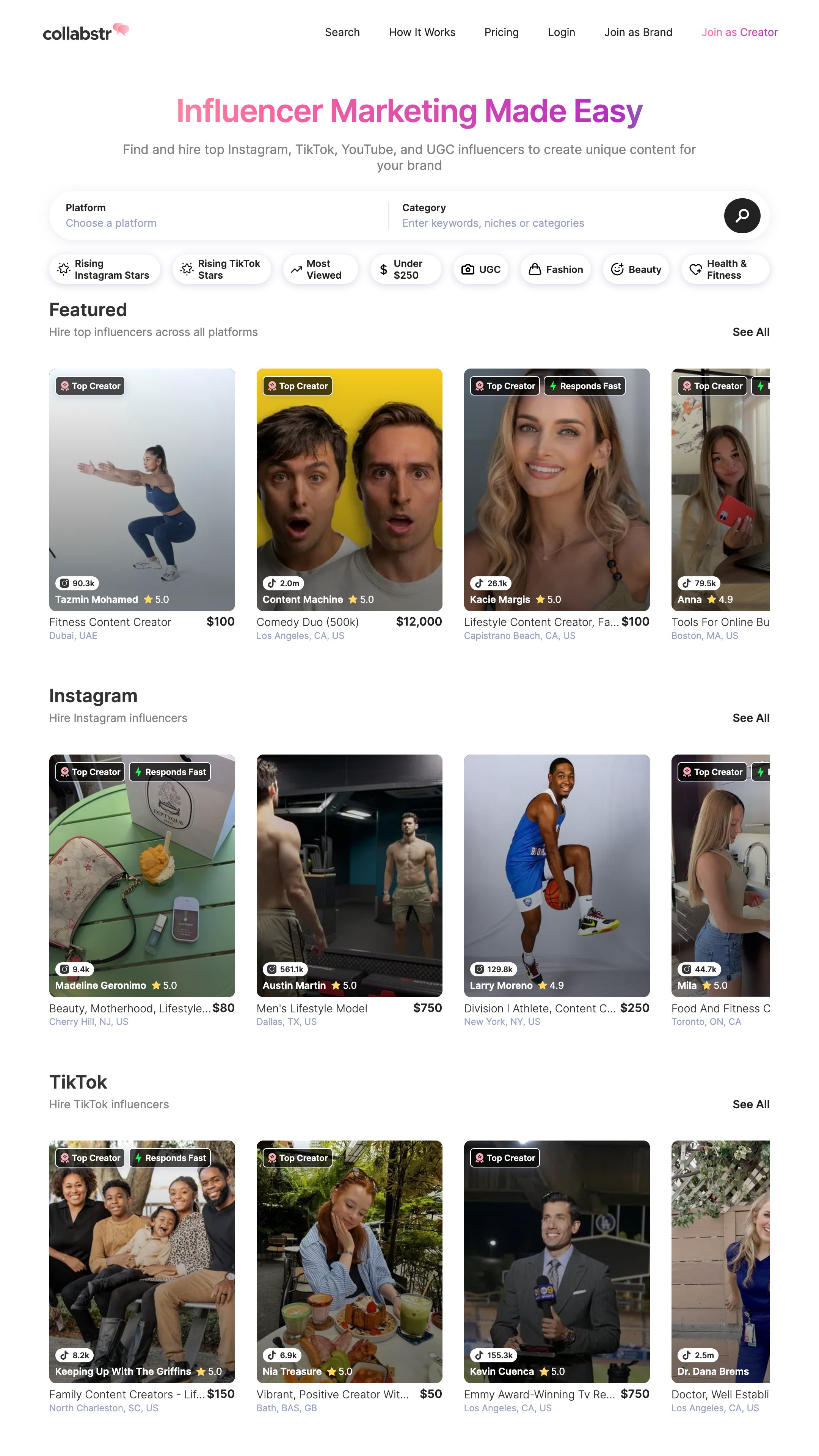 Screenshot of Collabstr's homepage