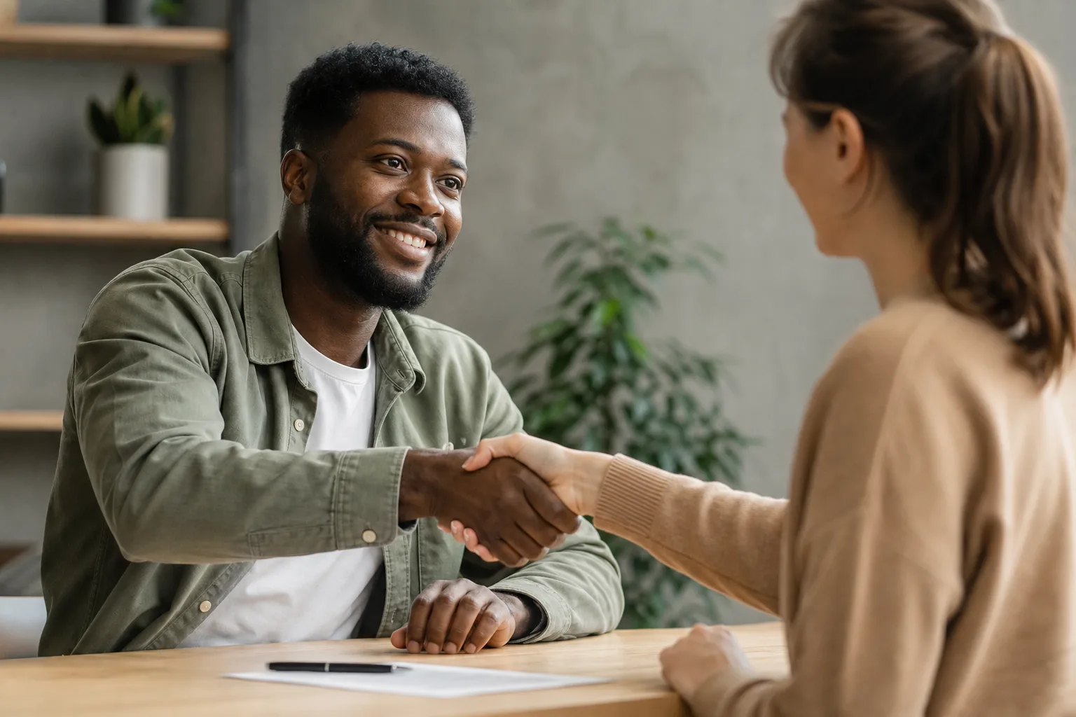 two people shaking hands over a piece of paper