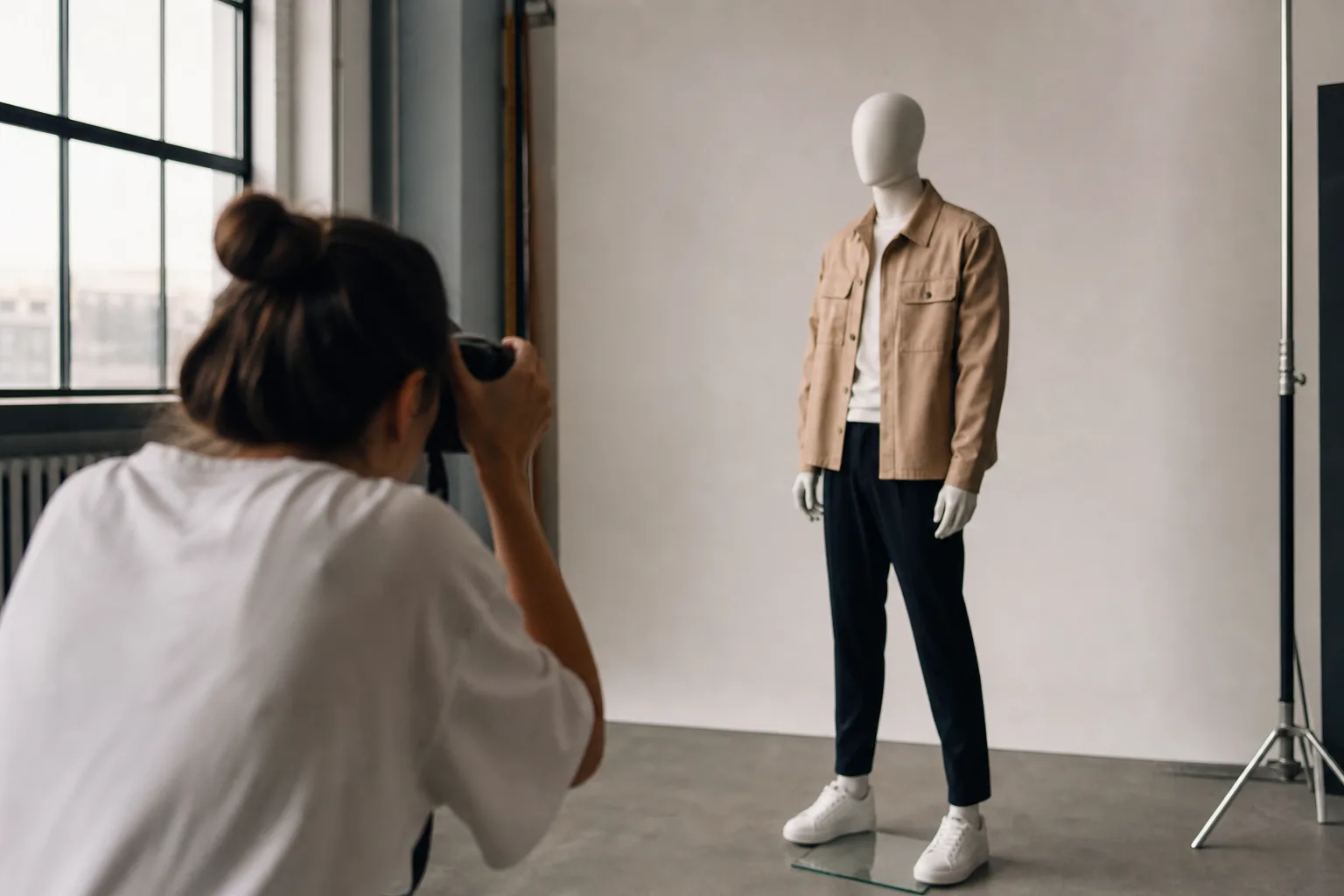 Photographer taking picture of male mannequin in studio.