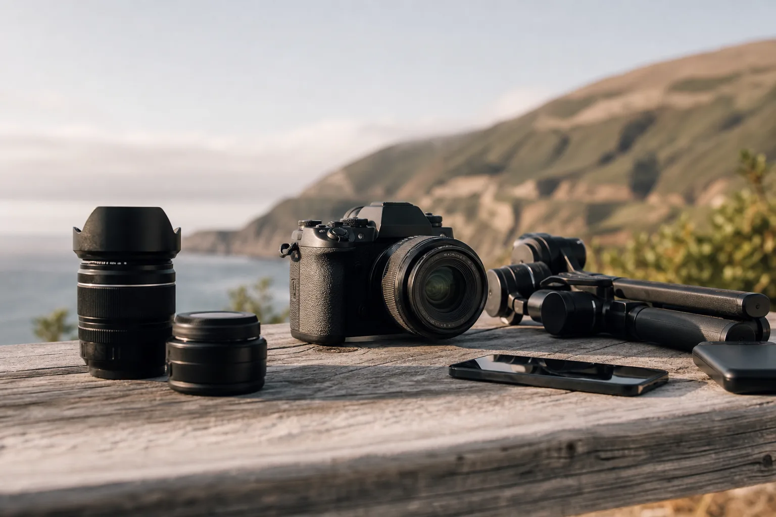 Professional camera equipment on a table outdoors